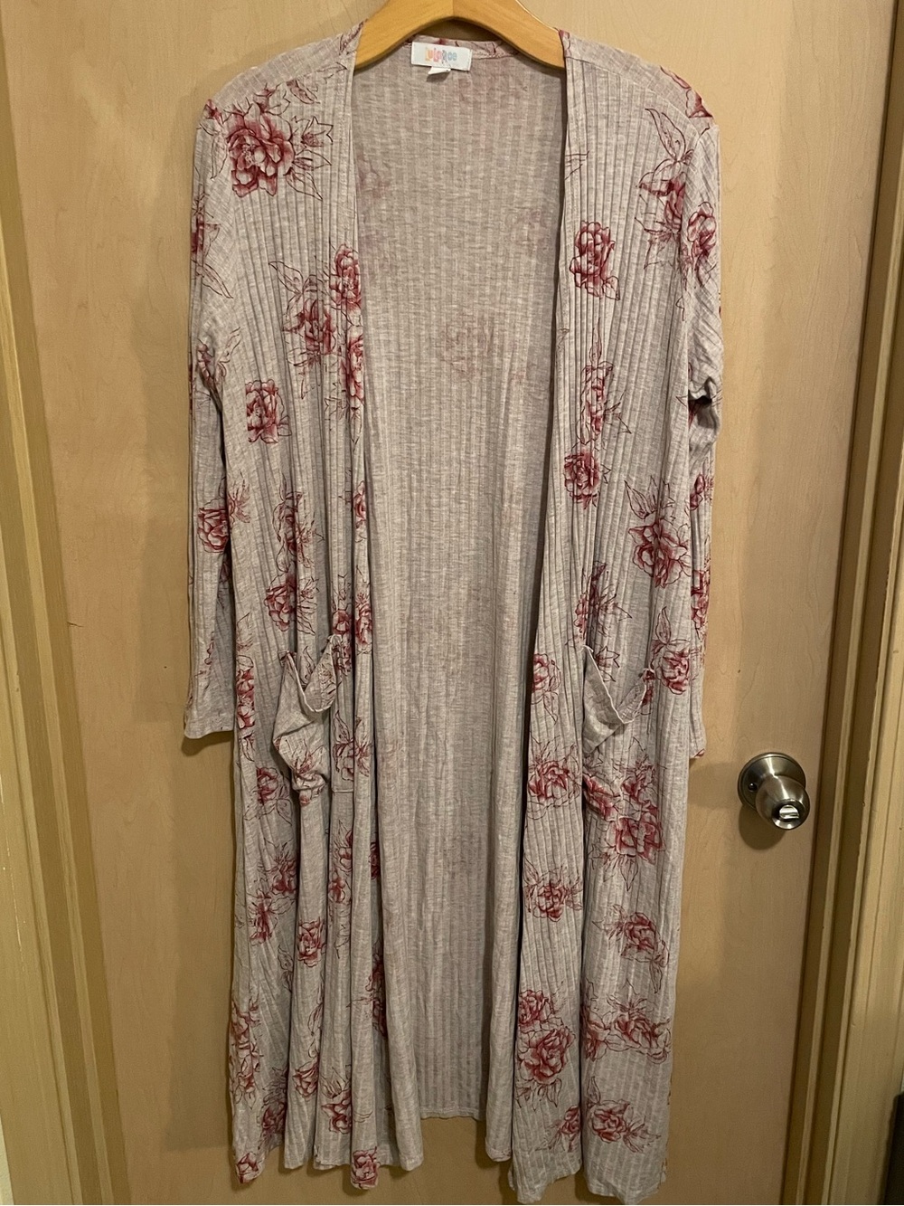 Long Line Open Front Taupe Floral Cardigan